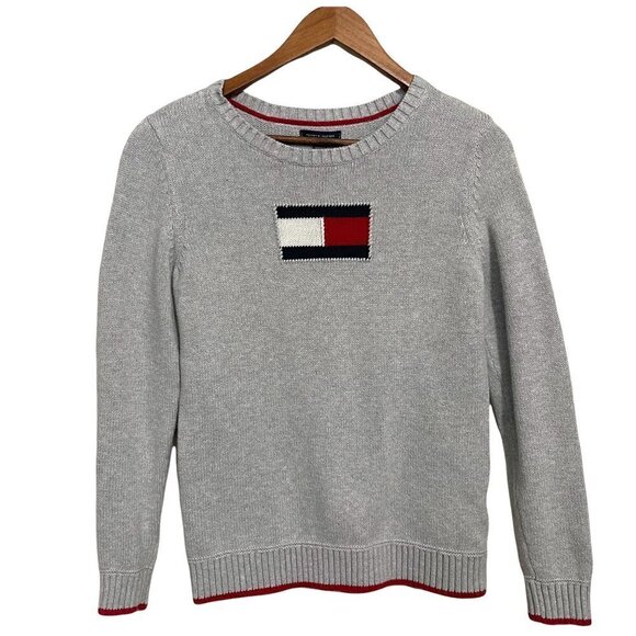 Tommy Hilfiger Women's Gray Chunky Y2K Embroidered Logo Ribbed Sweater Medium - Picture 1 of 6